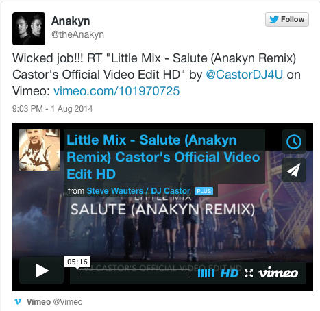 Anakyn reposting V-DJ Castor's video edit for Little Mix – Salute (Anaky Remix)